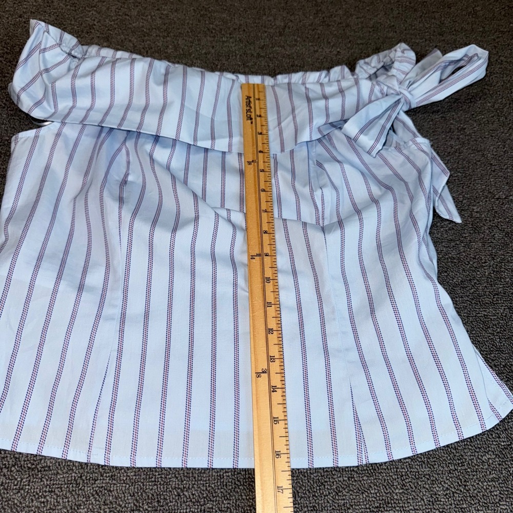 Francesca's Blue Striped Off Shoulder Bow Top Cotton Blouse Large Coastal Wear - Picture 8 of 9